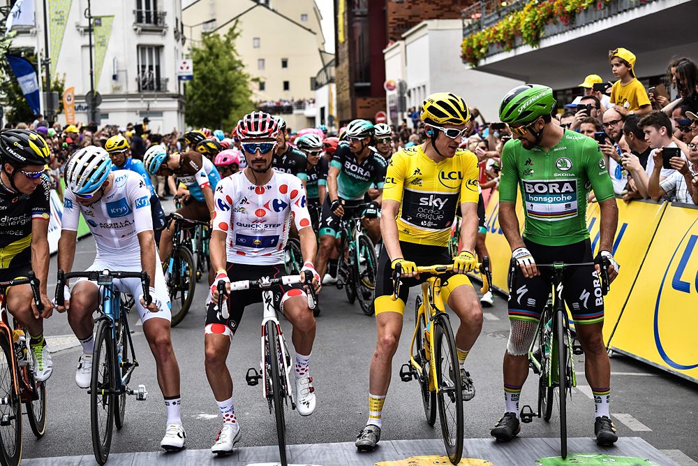 Geraint Thomas (Team Sky), Peter Sagan (Bora-Hansrgohe), Julian Alaphilippe (Quick-Step Flooors), Pierre Latour (AG2R) at the start line of stage 21 at the Tour de France