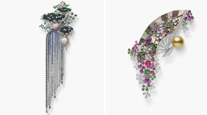 Left, pearl brooch with hanging diamonds and right flowered gems brooch
