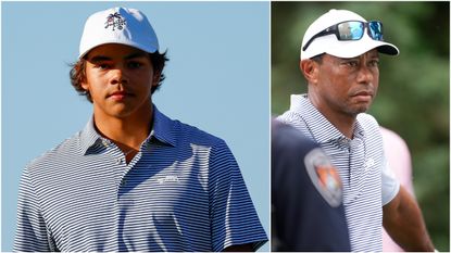 Tiger Woods watches on while his son Charlie is in competitive action