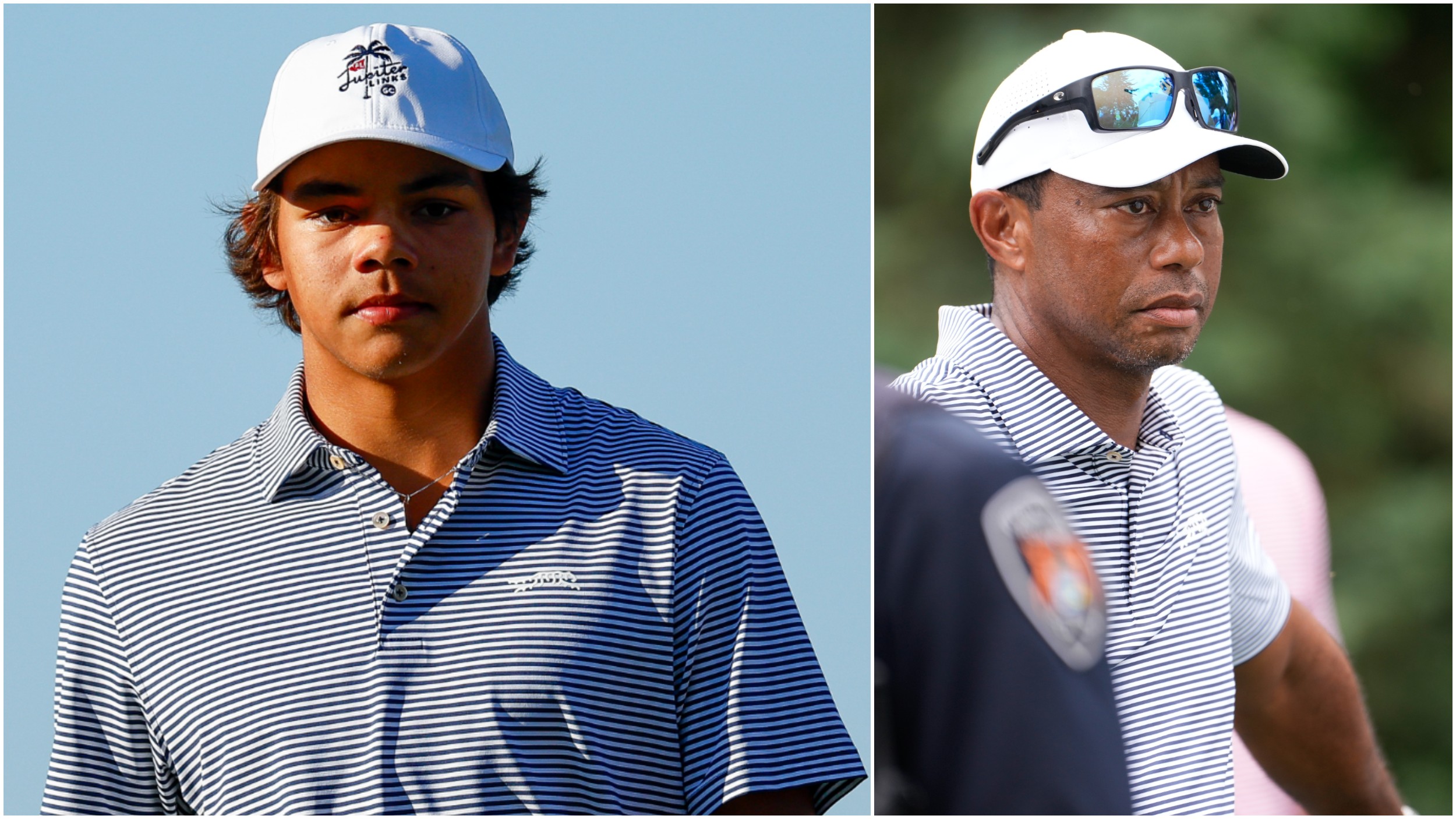 Tiger Woods watches on while his son Charlie is in competitive action