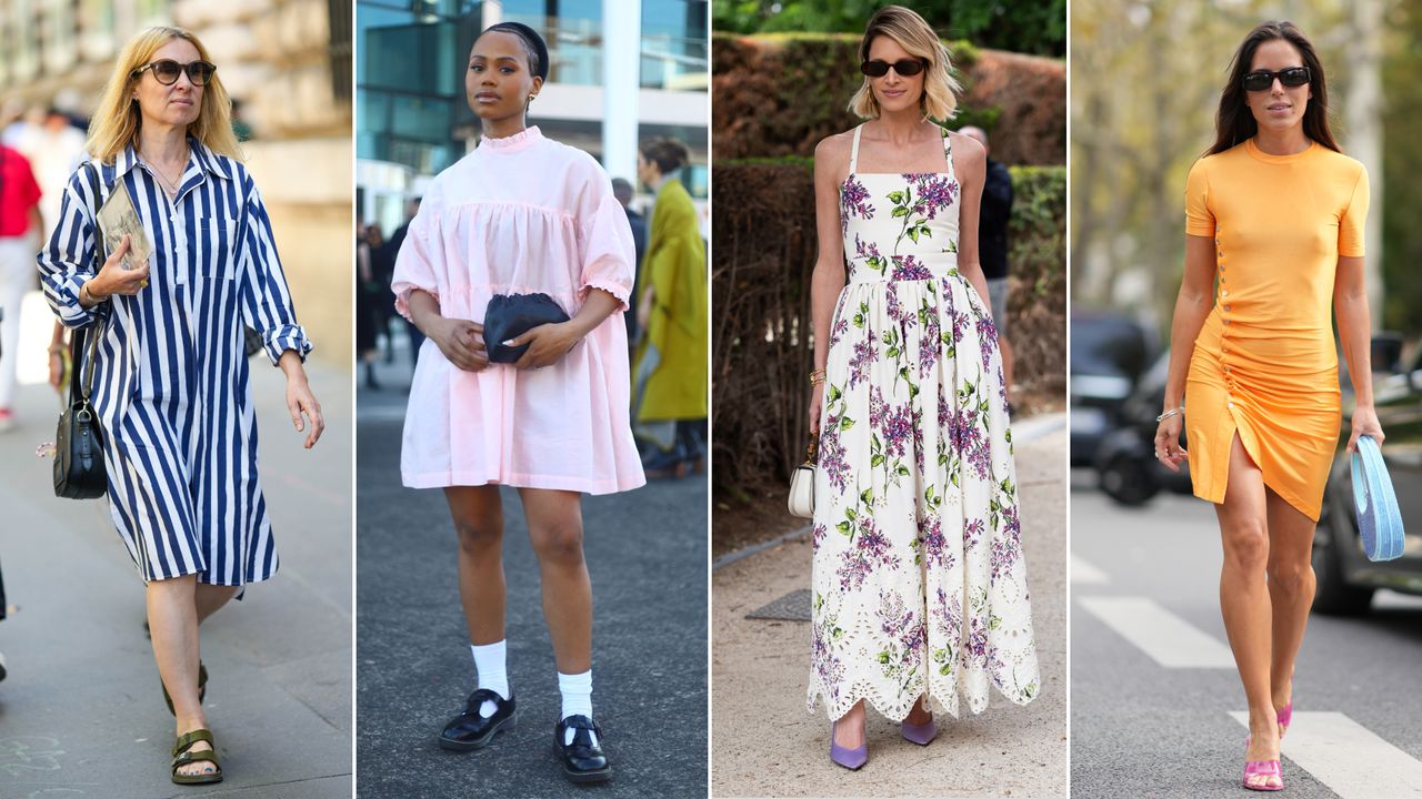 Split image of a woman wearing a striped dress, woman wearing a flowy pink dress, a woman wearing a white and purple floral long dress, and a woman wearing an orange mini dress