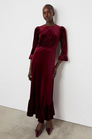 Finery London Velvet Frill Sleeve Midi Tiered Dress