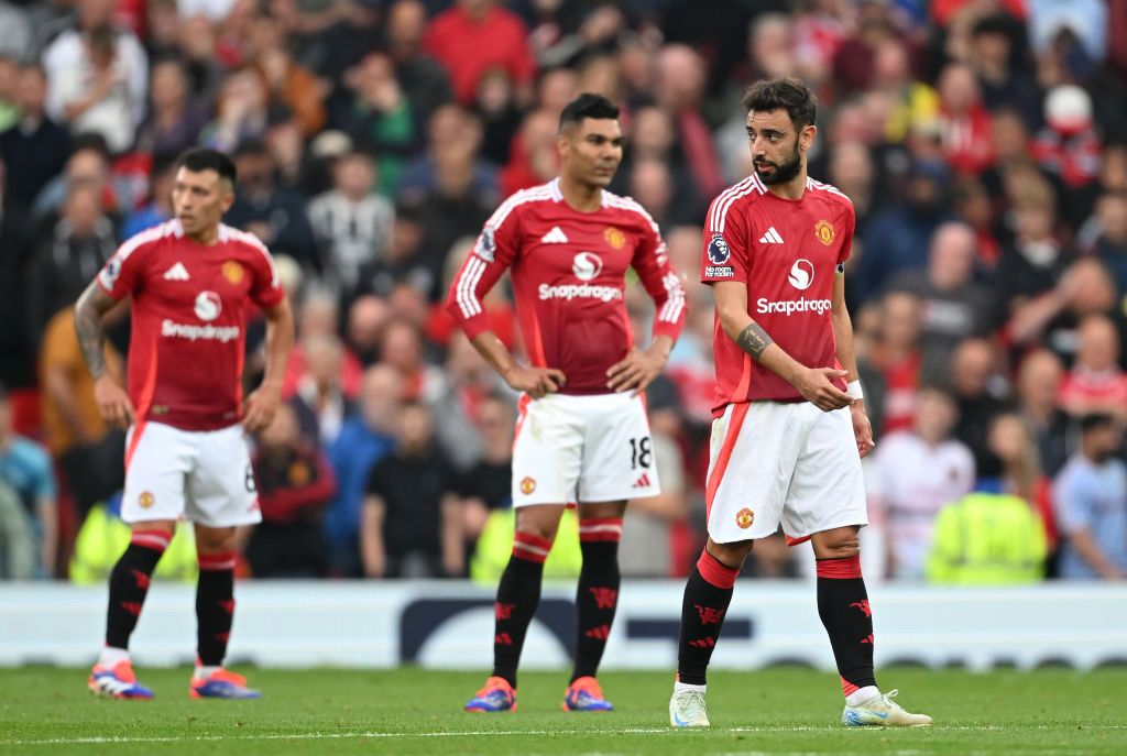 Manchester United squad for 2024/25 MANCHESTER, ENGLAND - SEPTEMBER 01: Bruno Fernandes and Casemiro of Manchester United show dejection, after Luis Diaz of Liverpool (not pictured) scores his team&#039;s second goal during the Premier League match between Manchester United FC and Liverpool FC at Old Trafford on September 01, 2024 in Manchester, England. (Photo by Michael Regan/Getty Images)