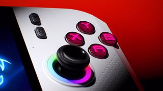 Close up of white MSI Claw A8 with purple buttons and RGB thumbstick ring.