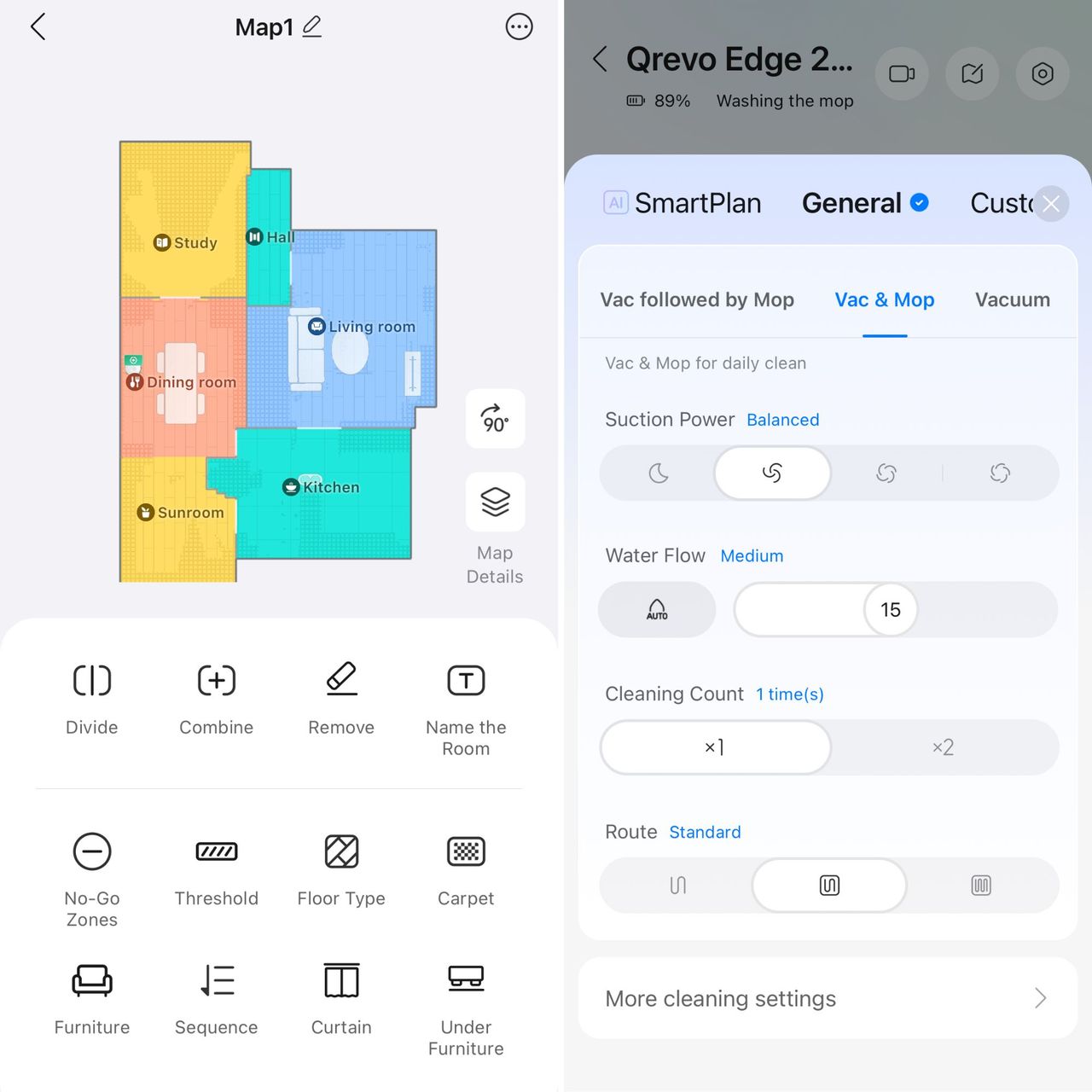 Roborock app showing a map of a house, and customisable settings for the vacuum and mop mode