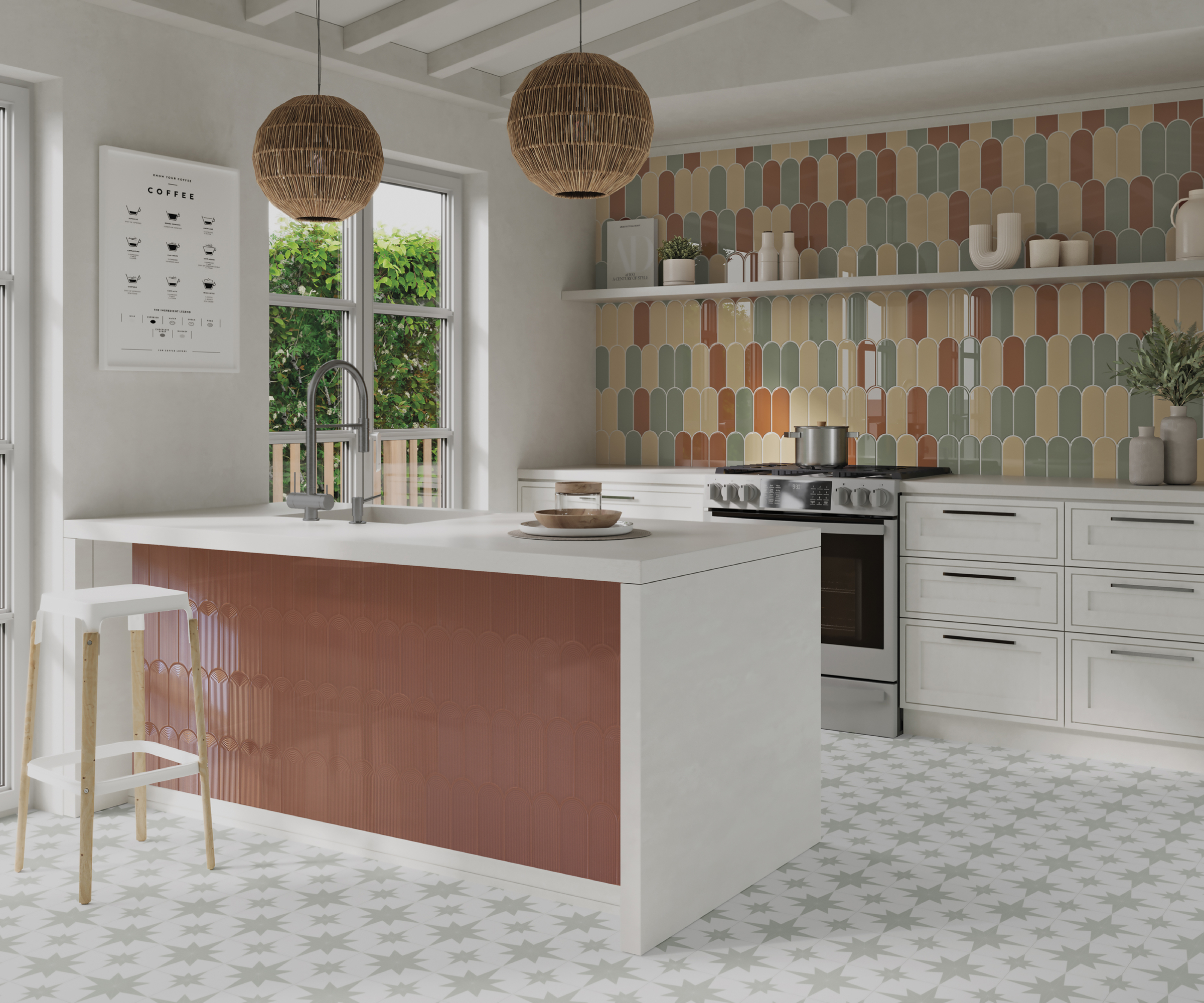 kitchen with white units, terracotta color island panel, green, terracotta and yellow tiles o n wall, raffia pendant lights