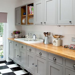 kitchen room with cabinets and wooden worktop