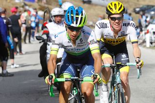 Esteban Chaves (Orica-GreenEdge) leads Steven Kruijswijk (LottoNl-Jumbo) up the final climb of stage 14 at the Giro d'Italia