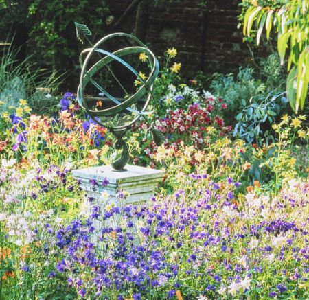 colourful garden with sculpture