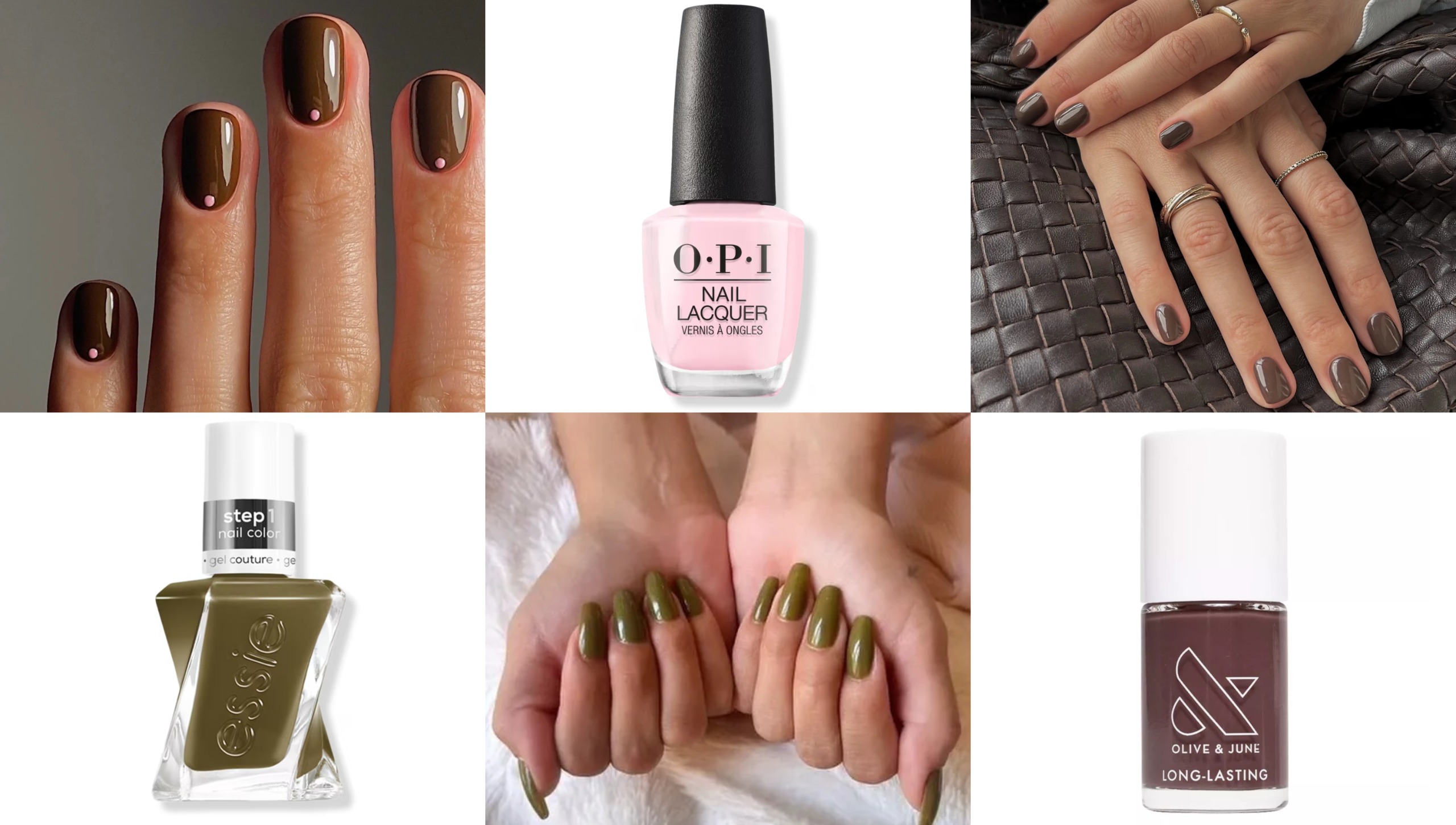 a grid image of three manicures featuring earthy tones and three bottles of nail polish