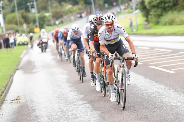 Picture by SWpix.com - 10/09/2021 - Cycling - AJ Bell Tour of Britain Stage 6 - Carlisle to Gateshead, England - Deceuninck Quick-Step's Julian Alaphilippe at the front of the break.