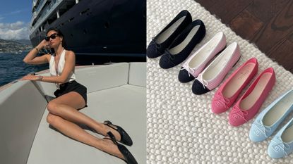 A collage of two images. The first is a woman wearing a white halter top, black shorts, and black flats sitting on a boat. The second is an image of Chanel ballet flats lined up on a rug.