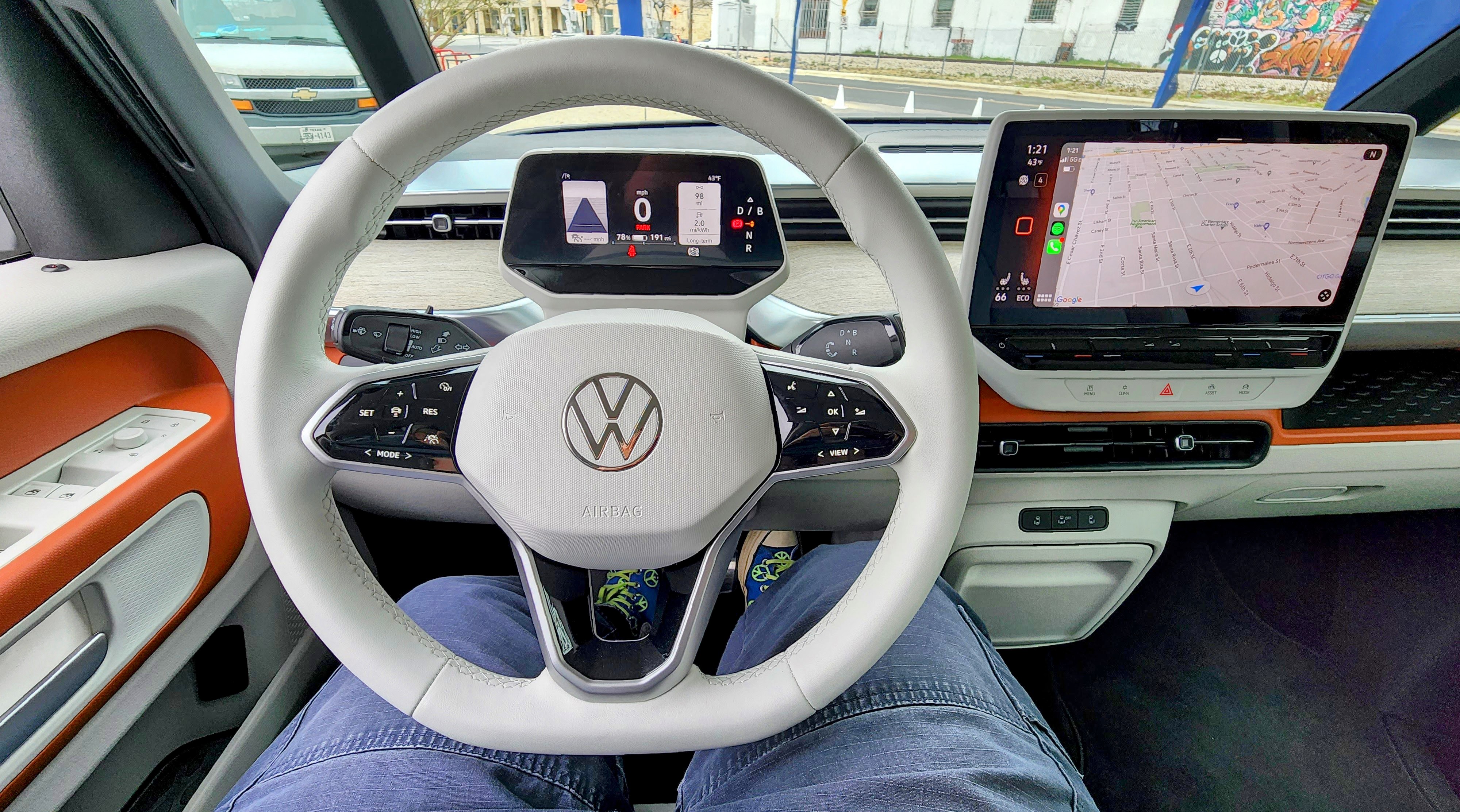 View from driver's seat of the steering wheel