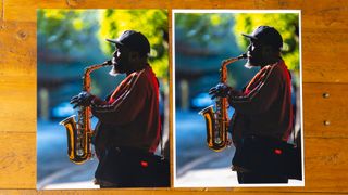 A comparison of two A4 prints made with the Canon PIXMA TR7650 to show the borderless printing on the same street scene of a street musician playing a saxophone