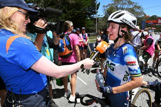 WILLUNGA HILL AUSTRALIA JANUARY 14 Stage and overall race winner Sarah Gigante of Australia and AG Insurance Soudal Team meets the media press after the 8th Santos Womens Tour Down Under 2024 Stage 3 a 934km stage from Adelaide to Willunga Hill 370m UCIWWT on January 14 2024 in Willunga Hill Australia Photo by Tim de WaeleGetty Images