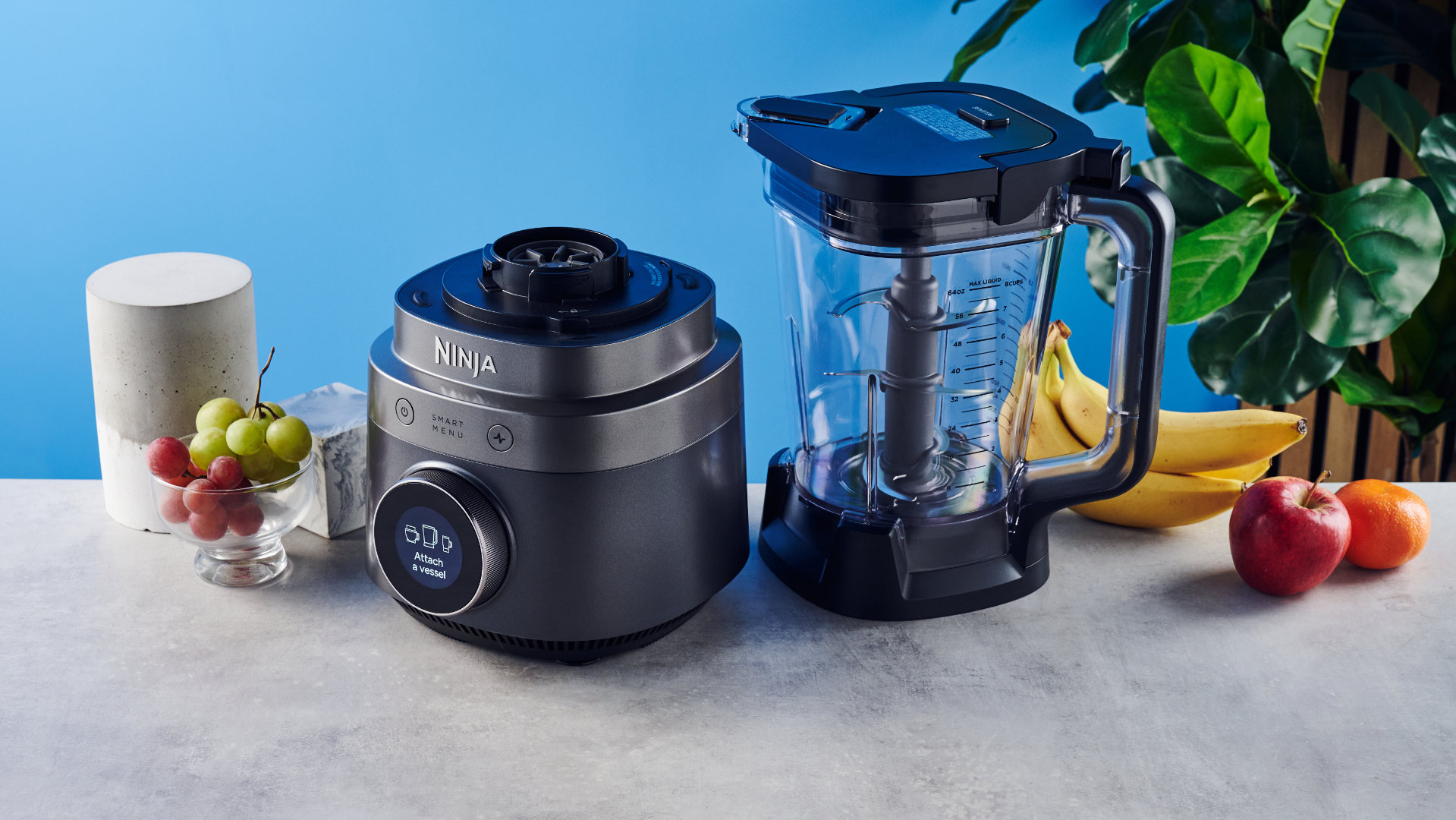 Ninja Crush Boss Blender in black photographed in front of a ble background with fruit.