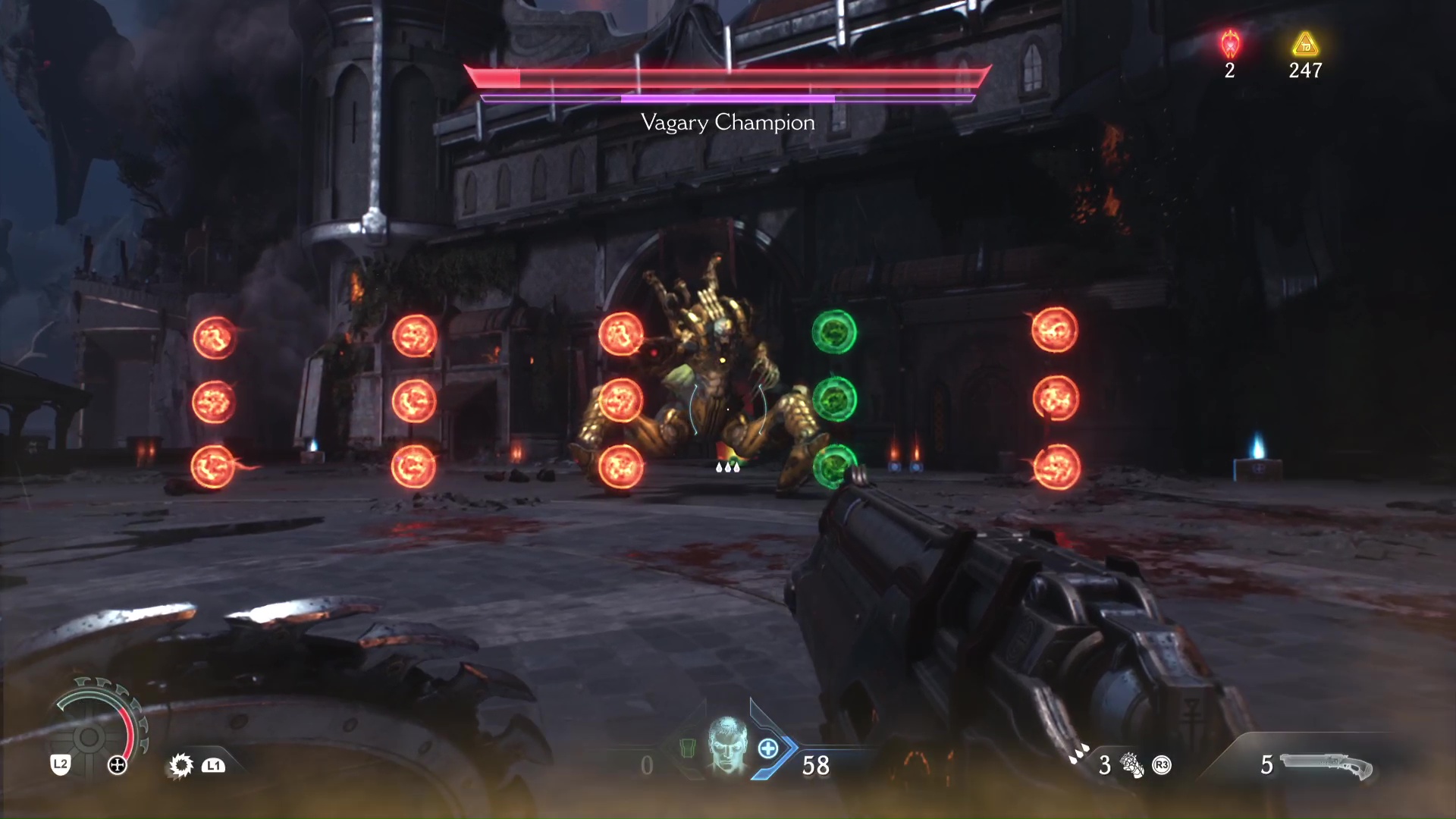 The Vagary Champion shoots a series of orbs at the Doom Slayer in Doom The Dark Ages, with one of the five columns of projectiles being green