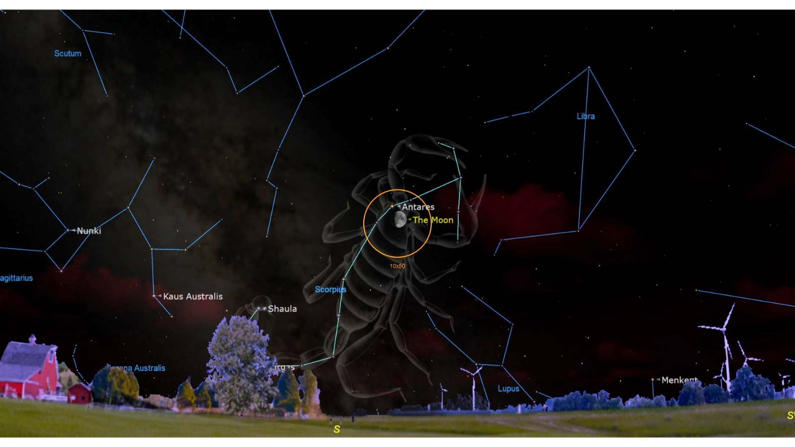 A night sky map shows the moon shining to the lower right of Antares. An orange circle representing the field of view of a pair of binoculars encircles the duo.