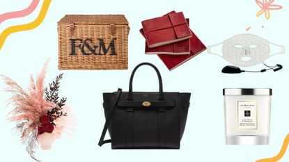Comp image of woman&home's best 50th birthday gift ideas for her, including flowers, a mulberry handbag and jo malone candle