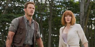 Chris Pratt and Bryce Dallas Howard as Owen and Claire in Jurassic World