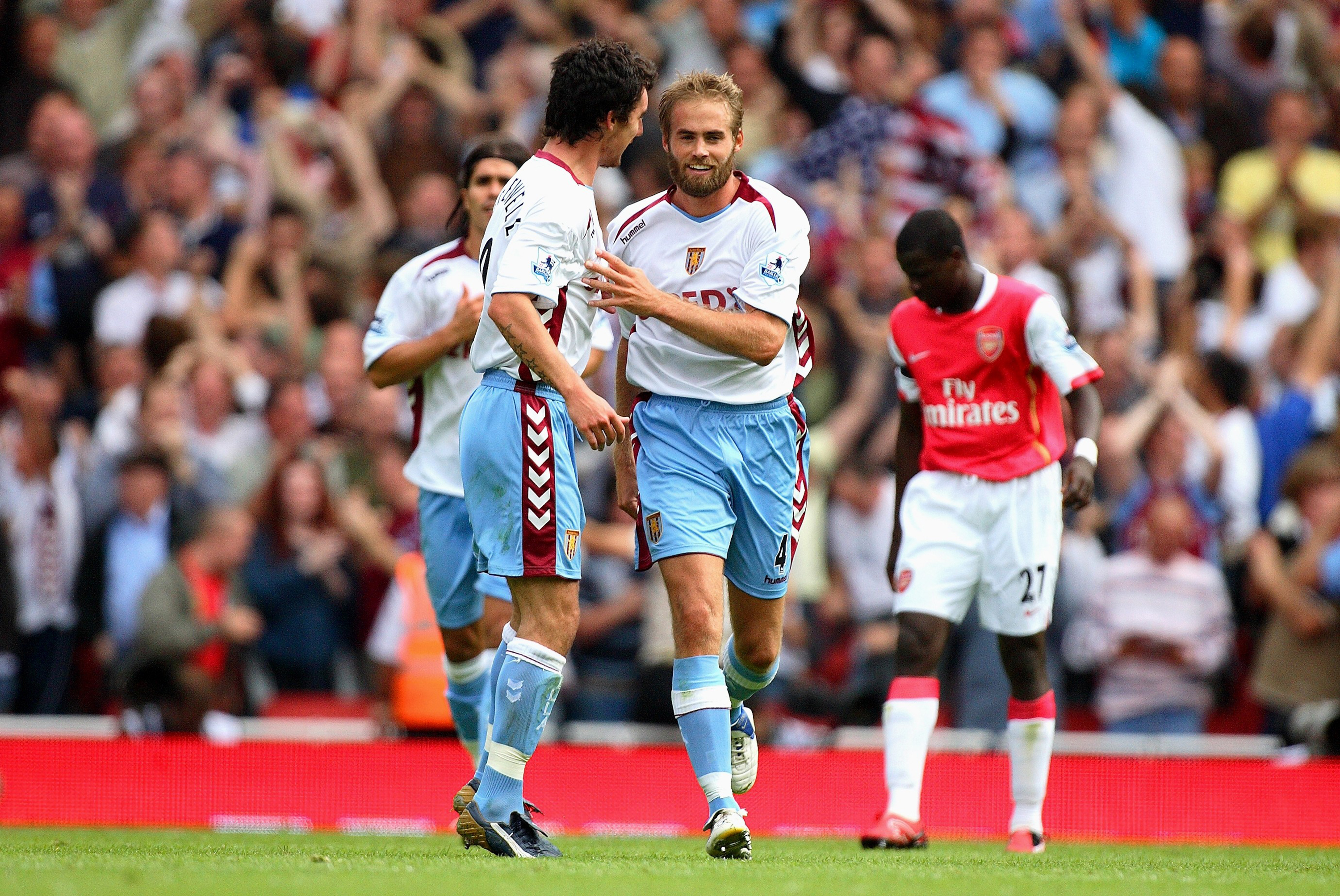 LONDON, ENGLAND - August 19: Olof Mellberg of Aston Villa and Liam Ridgewell of Aston Villa celebrate during the Premier League match between Arsenal and Aston Villa at The Emirates on August 19, 2006 in London, England. (Photo by Richard Sellers/Sportsphoto/Allstar via Getty Images)