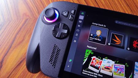 Close up of ROG Xbox Ally X left hand side of handheld with thumb stick and d-pad in view.