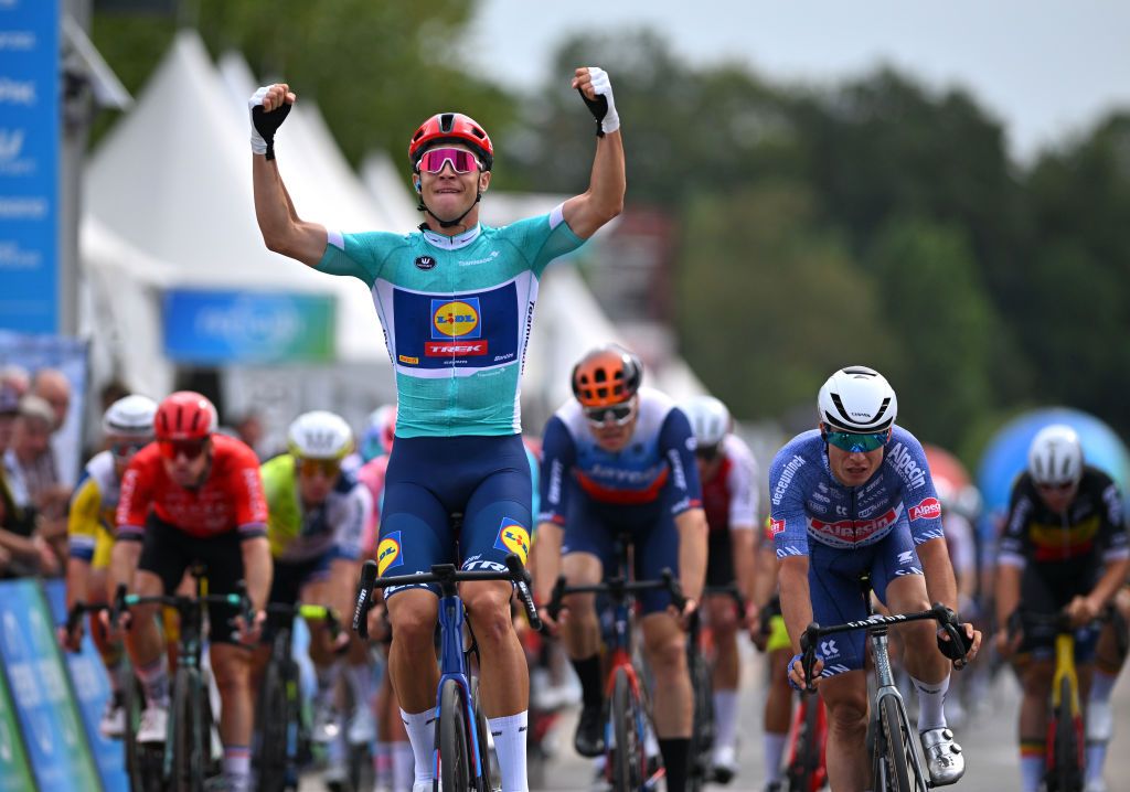 ARDOOIE BELGIUM AUGUST 30 LR Jonathan Milan of Italy and Team Lidl Trek Green Points Jersey celebrates at finish line as stage winner ahead of Jasper Philipsen of Belgium and Team Alpecin Deceuninck during the 20th Renewi Tour 2024 Stage 3 a 1855km stage from Blankenberge to Ardooie UCIWT on August 30 2024 in Ardooie Belgium Photo by Luc ClaessenGetty Images
