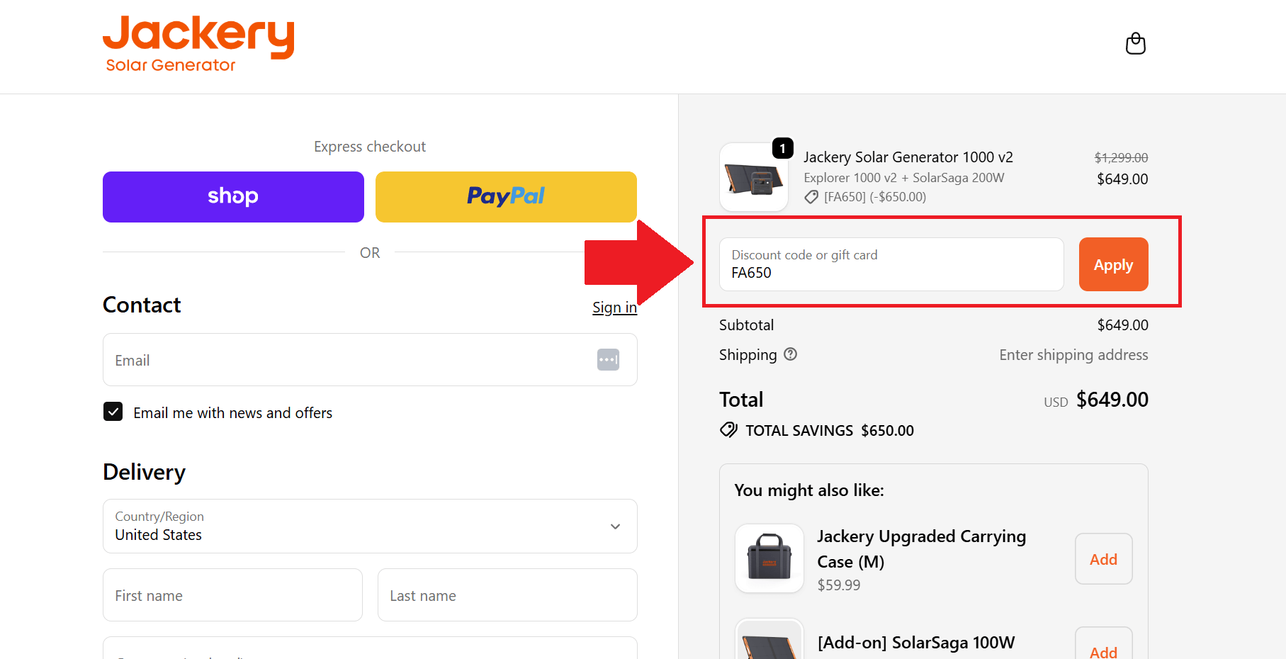 A screenshot of the Jackery checkout page showing where and how to use a jackery promo code