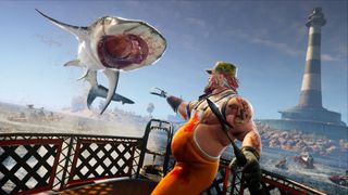 A screenshot of the video game Maneater, showing a shark leaping out of the water above a man on a life raft