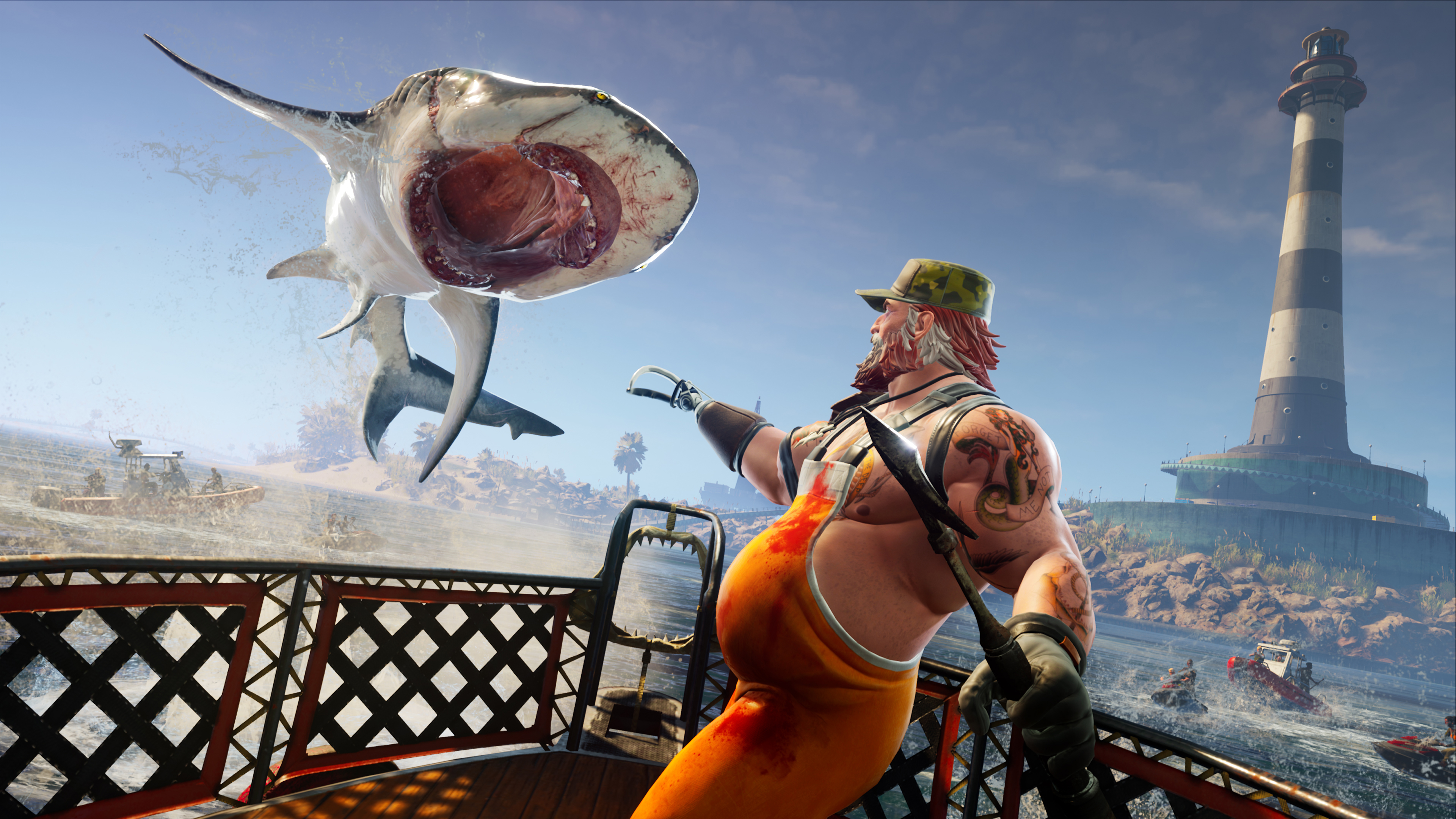 A screenshot from the video game Maneater, showing a shark jumping out of the water at a man in a life raft