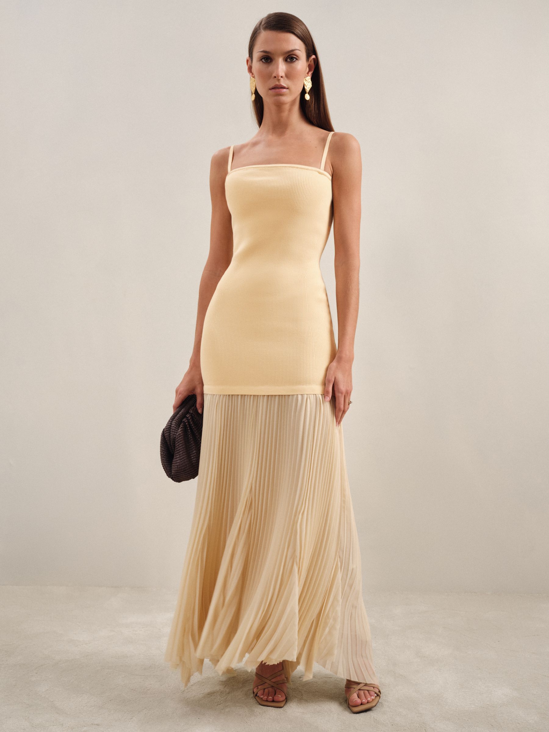 Pleated Skirt Ribbed Midi Dress in Yellow