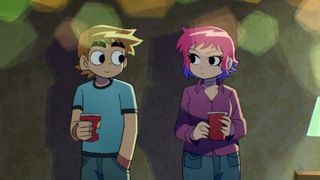 Scott smiles and stands next to Ramona Flowers in Scott Pilgrim Takes Off on Netflix