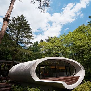 white shell house with surrounding forest