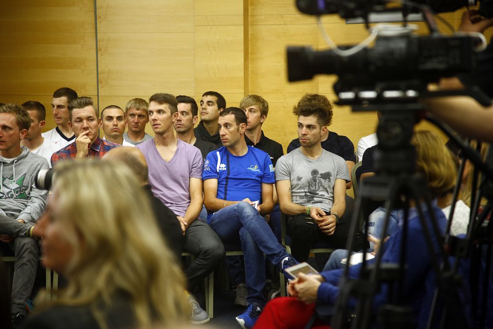 Vincenzo Nibali and teammates at the Bahrain Merida press conference