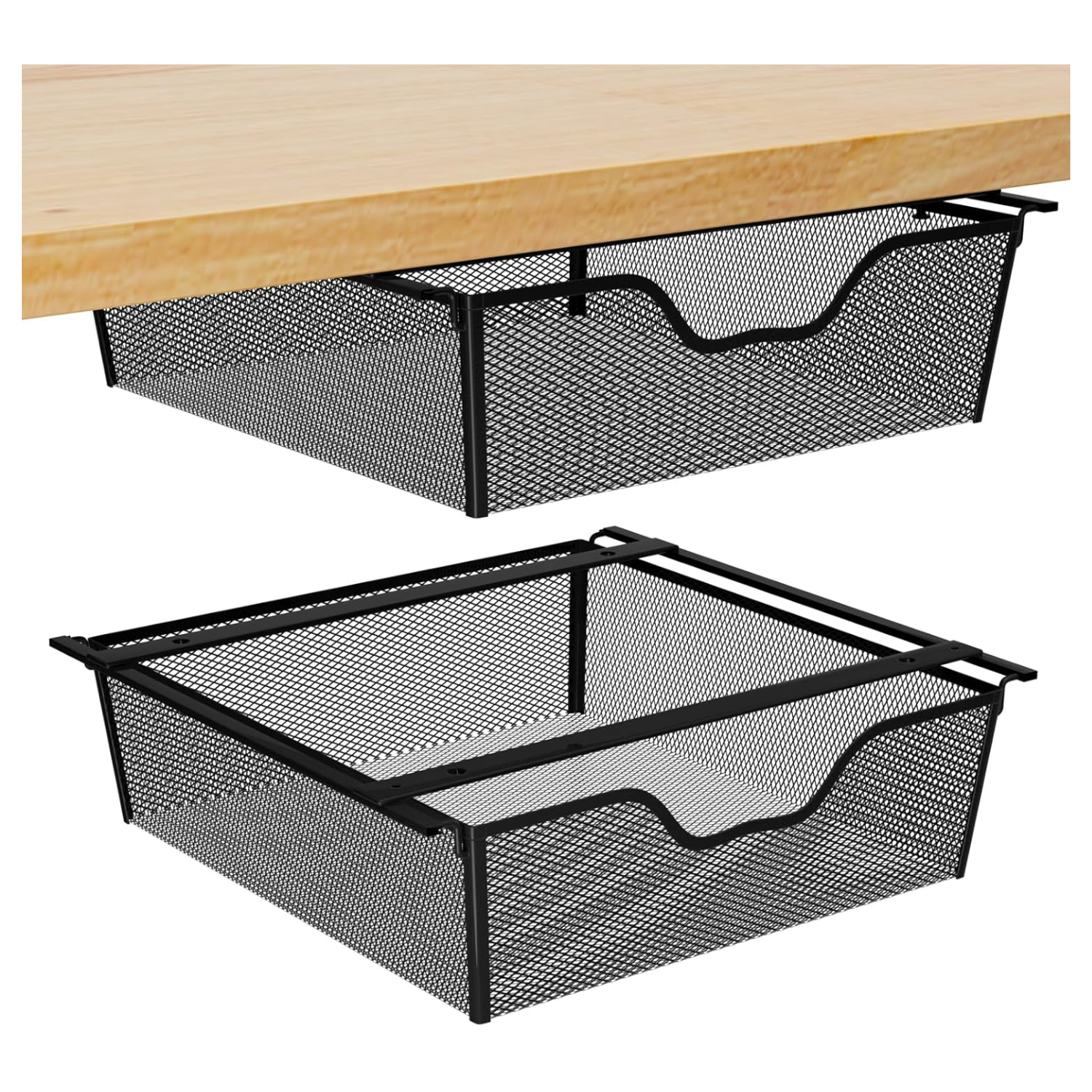 A black wire mesh pull out tray for under cabinet storage