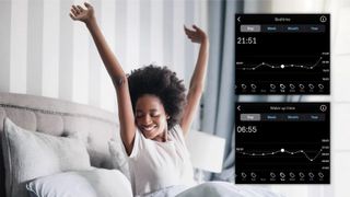 A woman sits up in bed in a brightly lit bedroom with her arms stretched above her head. She looks ready to spring out of bed. Overlaid with inserts of Oura App bedtime and wake-up time graphs over a week