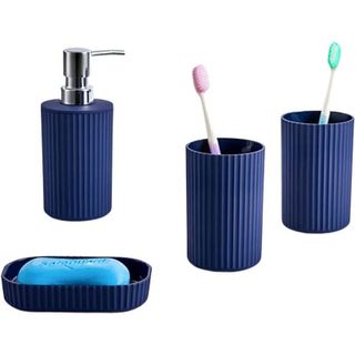 four part blue ribbed bathroom accessory set