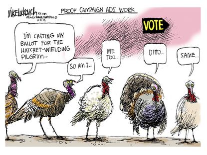 Political cartoon midterm campaign ads Thanksgiving