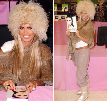 Katie Price hairy hat at book signing
