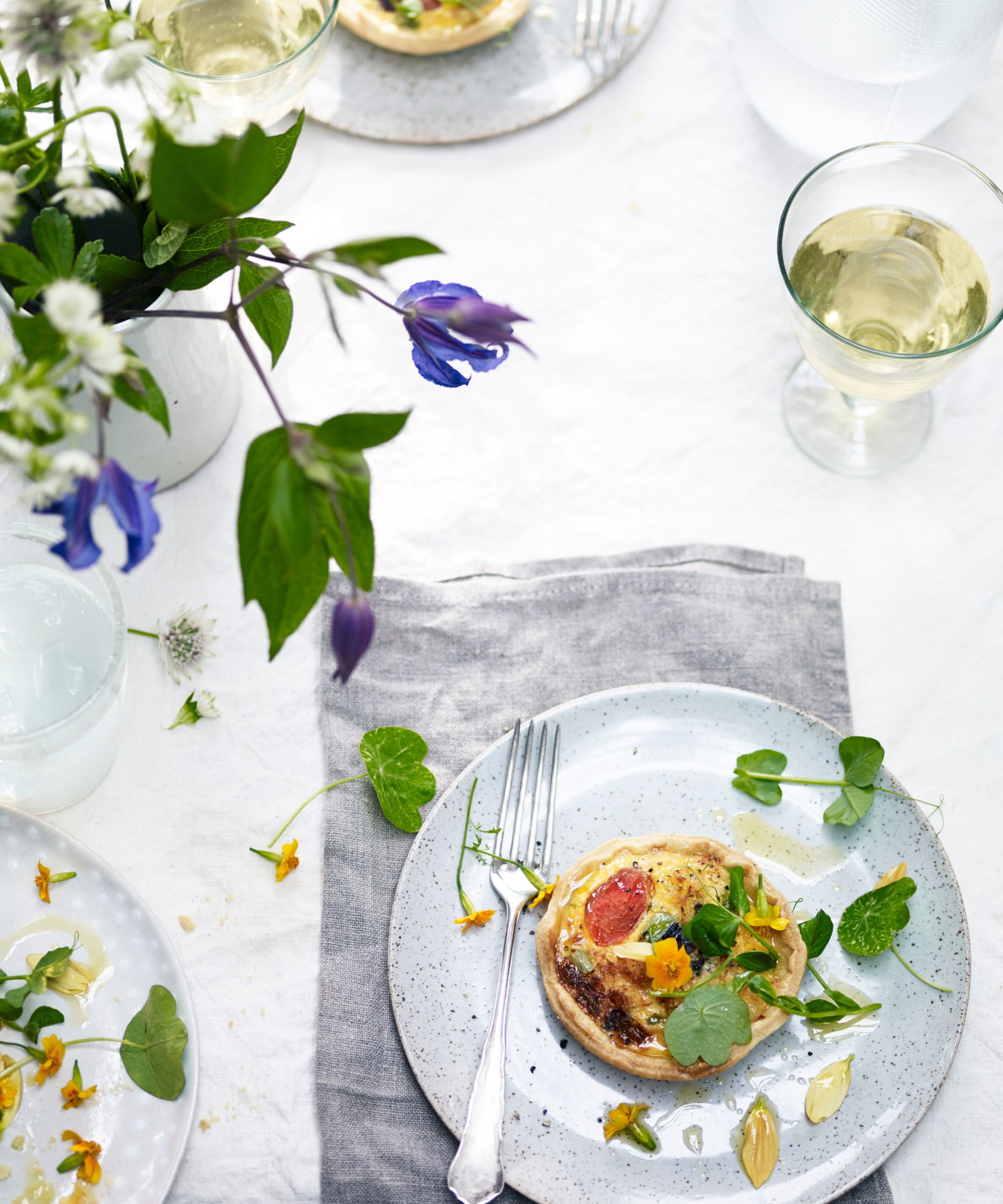 Crab, broad bean, tomato and Marigold tart