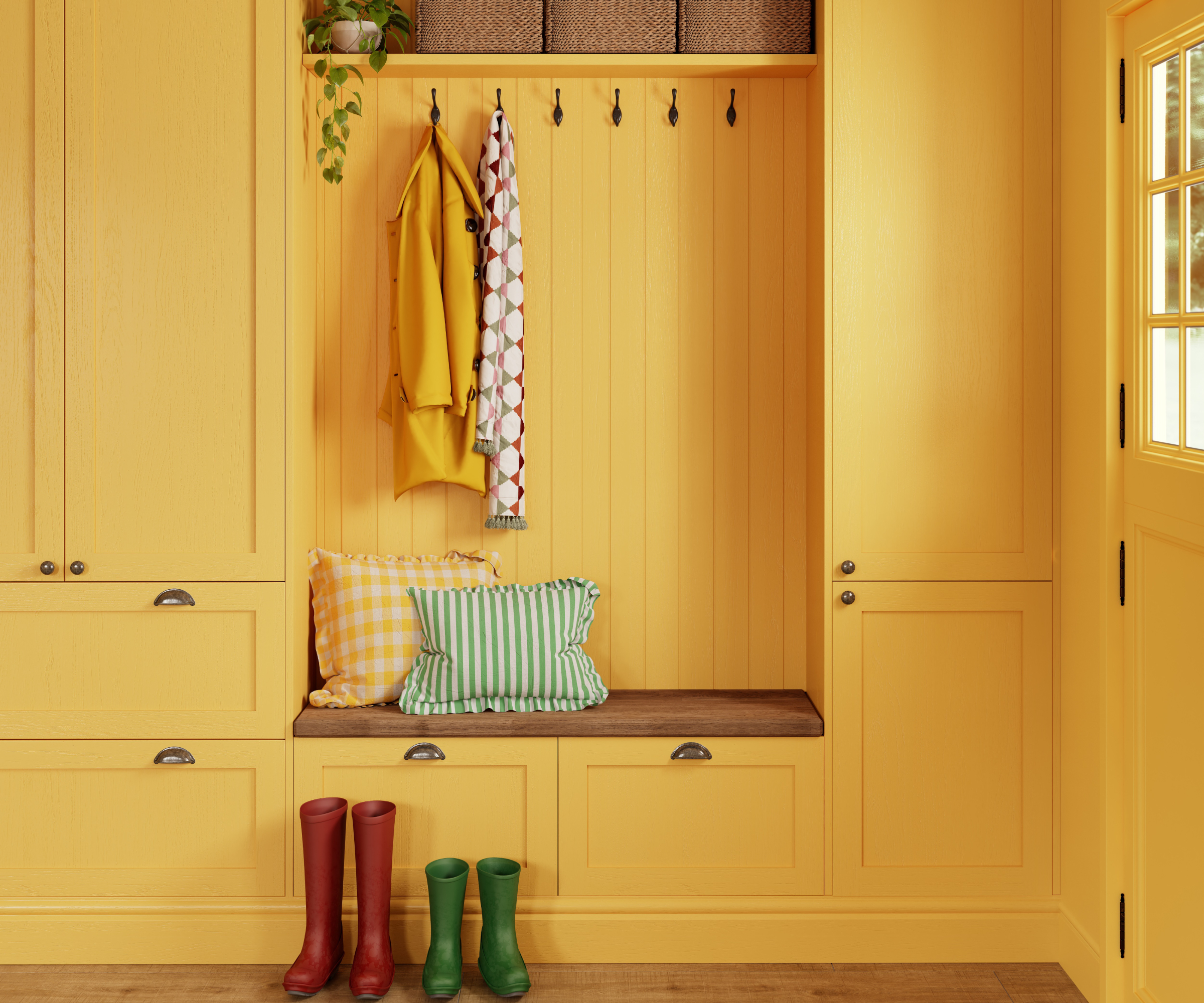 boot room area with floor to ceiling cabinets, seating area, shelving all painted in bright yellow, including back door