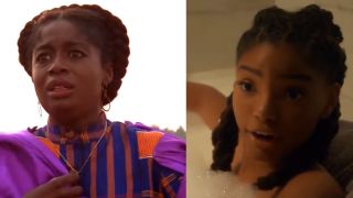 Screenshots of Akosua Busia in The Color Purple and Halle Bailey in Freeform's grown-ish