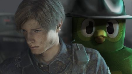 The Duolingo mascot stands behind Leon Kennedy menacingly 
