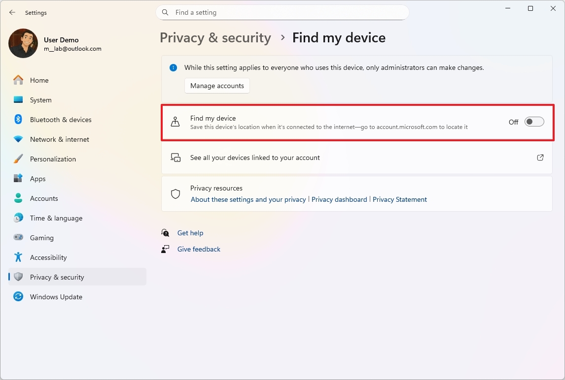 Disable Find my device feature