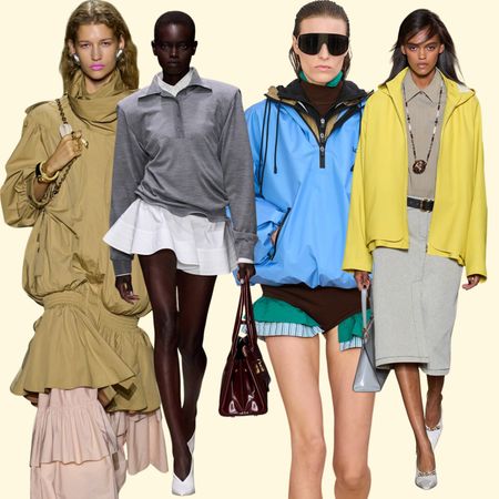 collage of spring 2026 looks from chloe, stella mccartney, loewe, and tory burch 