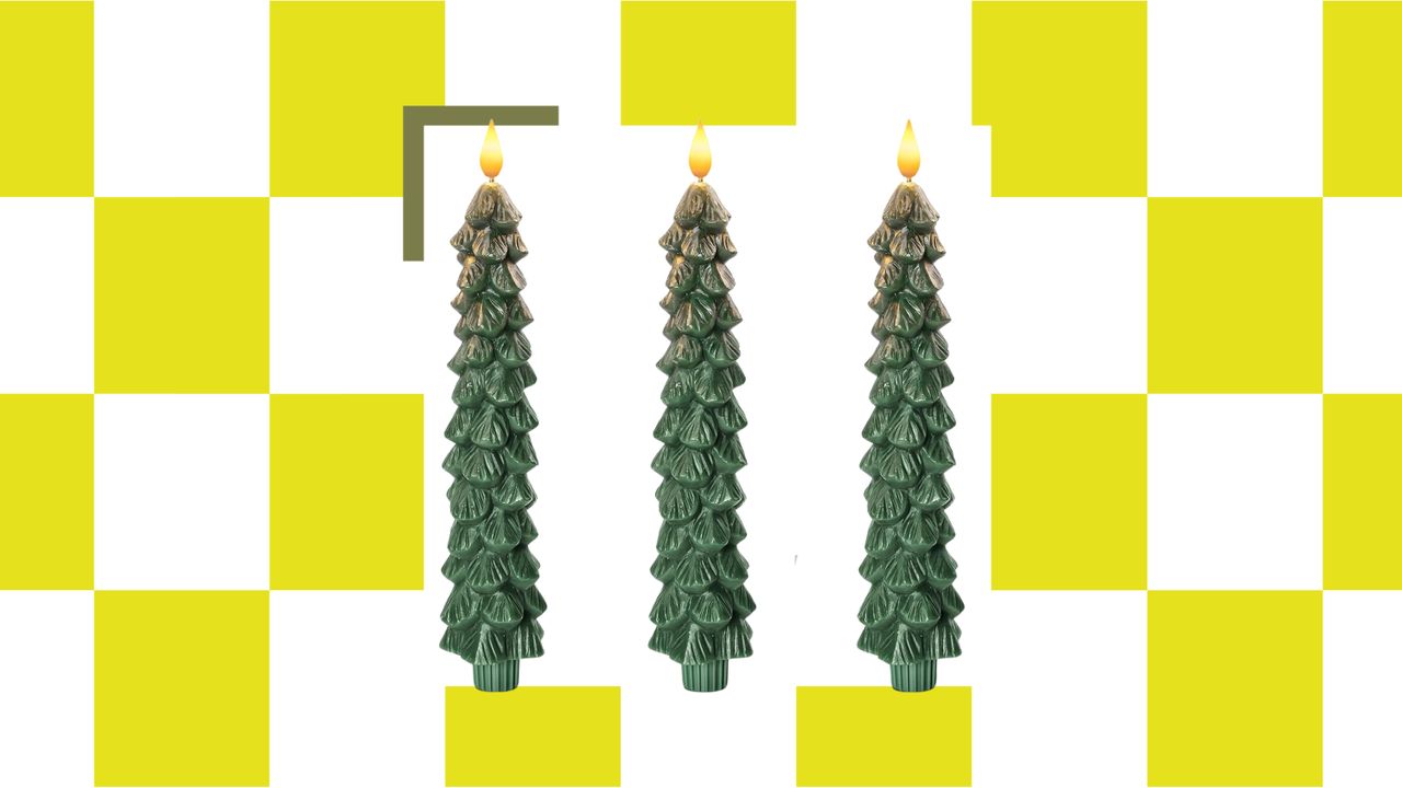 A white and yellow checkerboard background with a white product box square in the middle that has three forest green Christmas tree-shaped LED candles in it.