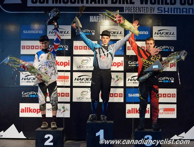 Junior men downhill Hafjell World Cup podium: Innes Graham, Michael Jones, Mark Wallace