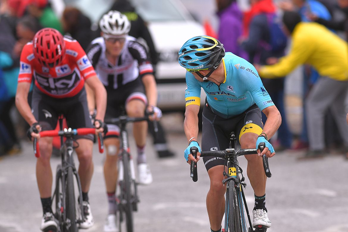 Miguel Angel Lopez looks around before making his move on stage 11 of the Vuelta a Espa&ntilde;a.