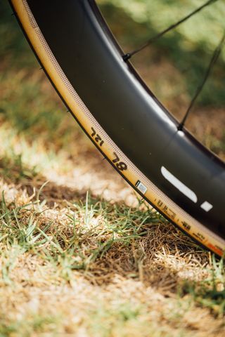 Oscar Onley's Vittoria Cora Pro tyres with something written on them in marker pen