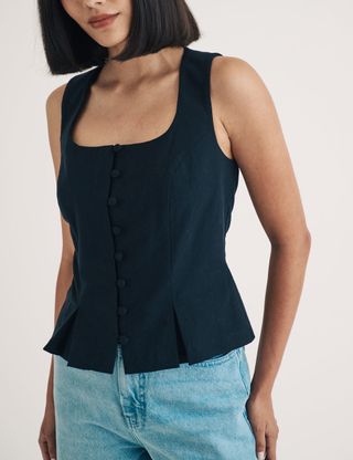 Black Scoop Neck Pleat Detail Waistcoat